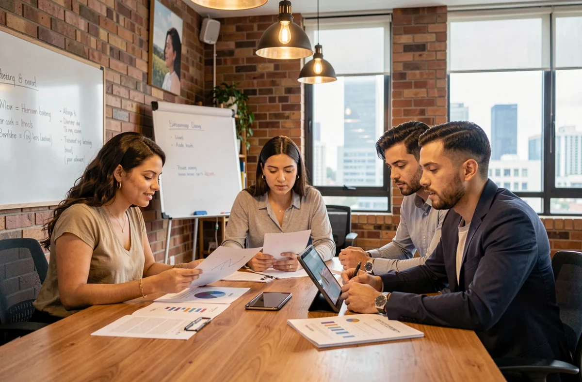 Equipe de profissionais brasileiros reunida em coworking moderno, discutindo estratégias empresariais pós-pandemia com gráficos e dados
