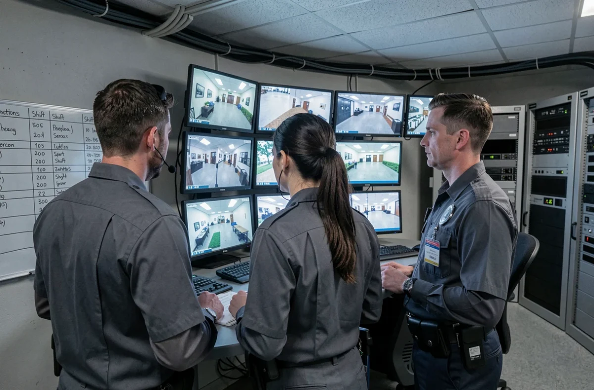 Equipe de segurança monitorando câmeras de vigilância em central de controle profissional