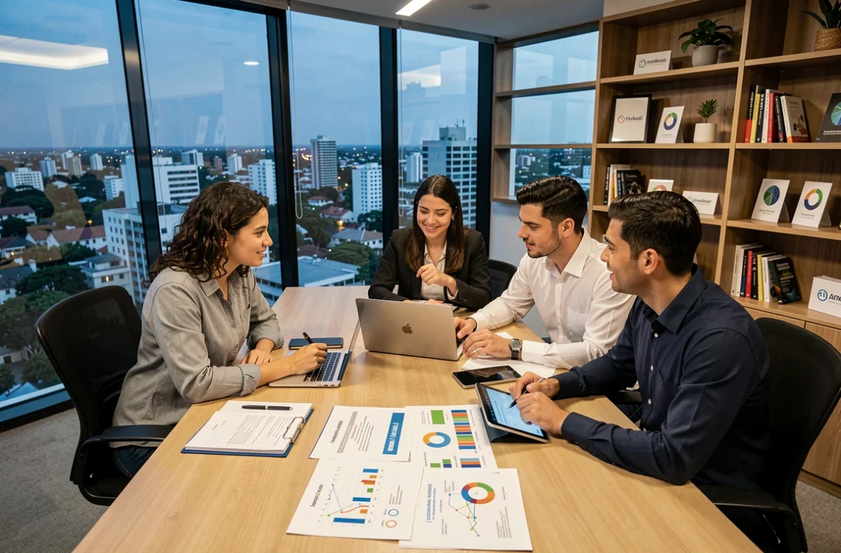Equipe de startup brasileira analisando oportunidades no mercado global em escritório com vista para cidade