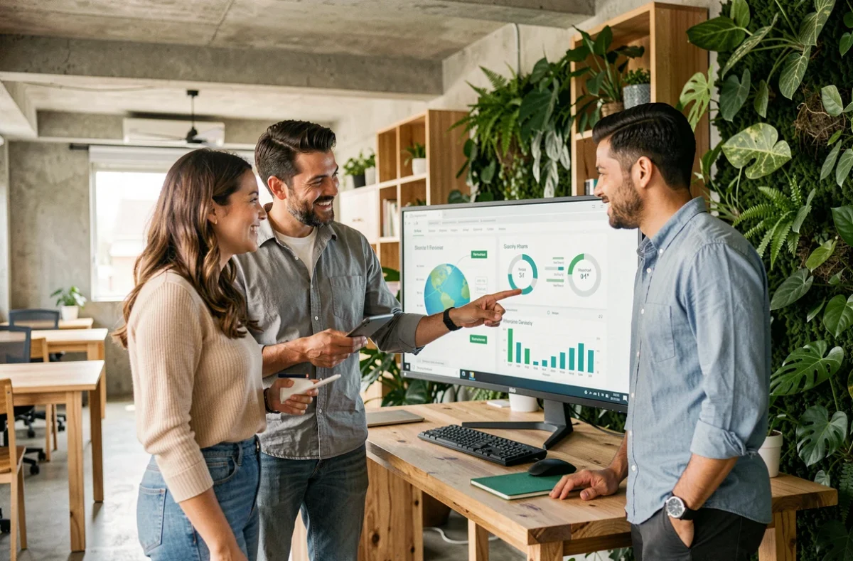 Equipe de profissionais de sustentabilidade brasileiros analisando painéis de impacto ambiental em escritório moderno com parede verde e mobiliário sustentável