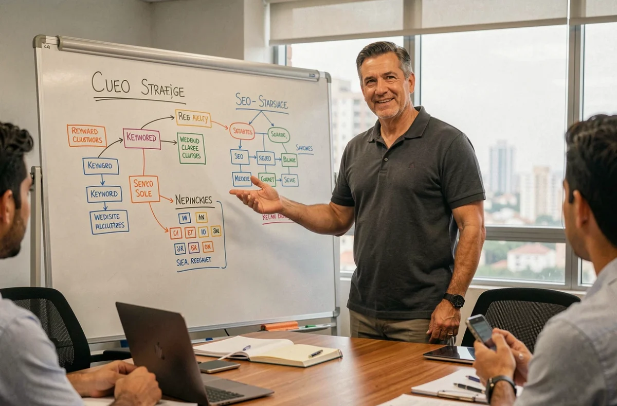 Especialista em marketing digital apresentando estratégia de SEO em quadro branco para equipe em sala de reunião corporativa brasileira