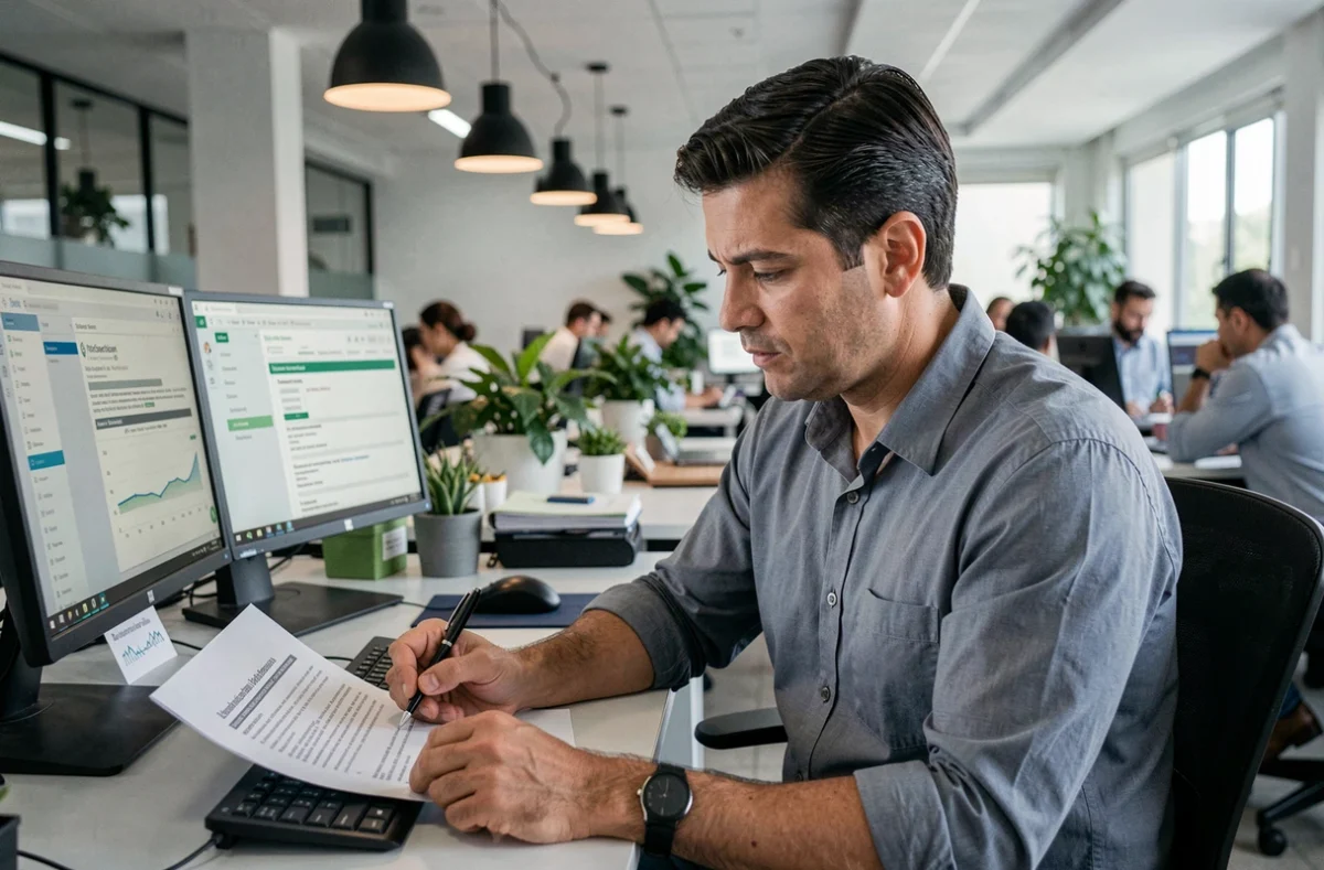 Especialista de RH analisando legislação trabalhista brasileira em ambiente de escritório corporativo moderno