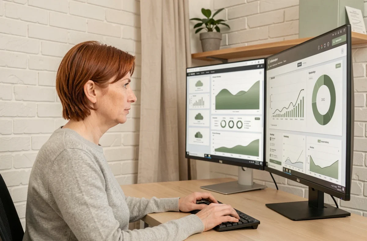 Especialista em TI analisando painéis de migração para nuvem e segurança digital em home office moderno