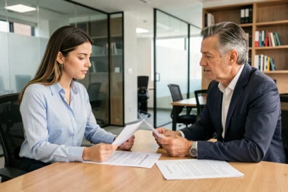 Jovem estagiária e profissional de RH revisando contrato de estágio em escritório corporativo moderno no Brasil