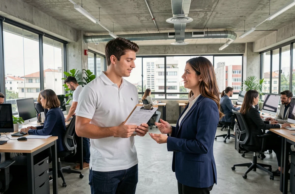 Jovem estagiário conversando com supervisora em escritório moderno estilo startup no Brasil