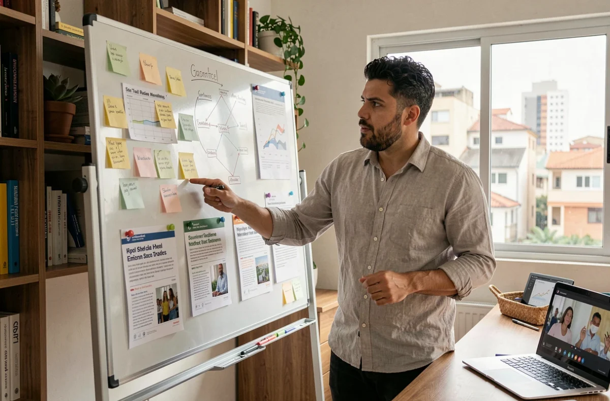 Profissional de marketing digital em home office apresentando estratégias e tendências digitais para 2026 em quadro branco