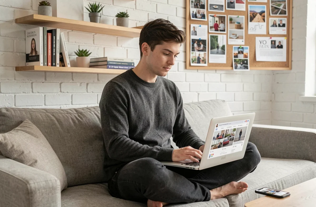 Estrategista de marketing digital trabalhando em laptop em estúdio criativo moderno com moodboard ao fundo