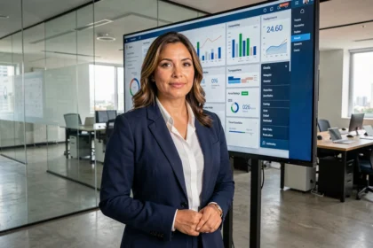 Executiva brasileira apresentando painel de transformação digital em escritório corporativo moderno em São Paulo