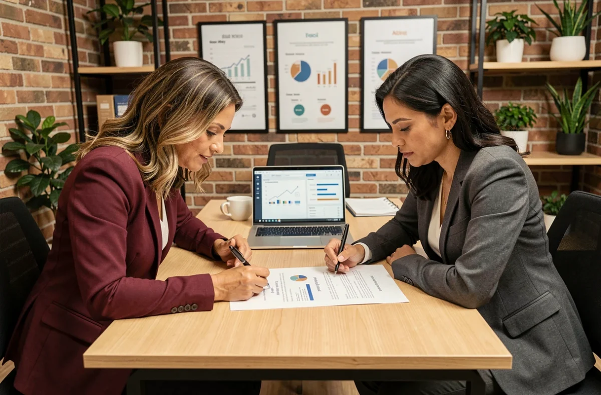 Duas executivas brasileiras revisando proposta de marketing B2B em escritório com decoração contemporânea
