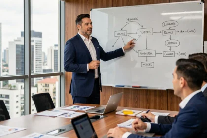 Executivo brasileiro apresentando estratégias de marketing B2B em sala de reunião corporativa moderna em São Paulo