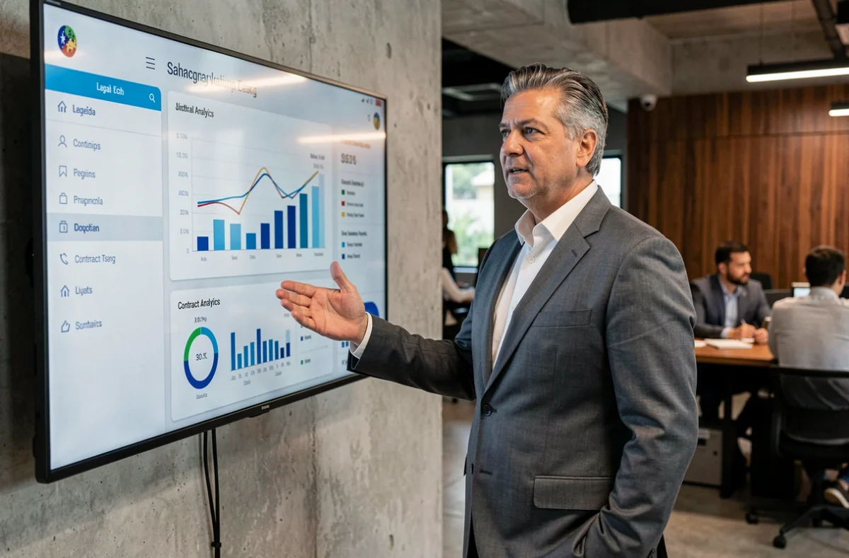 Executivo jurídico brasileiro apresentando dashboard de analytics legal em escritório de tecnologia jurídica, ilustrando inovação em serviços jurídicos para empresas brasileiras em 2026