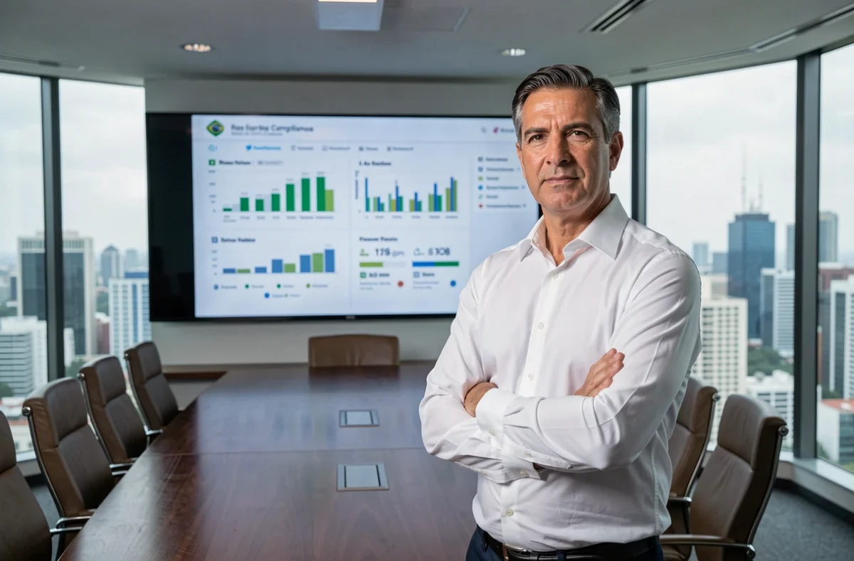 Executivo de marketing diante de painel com dados sobre regulamentação de publicidade digital no Brasil em 2026