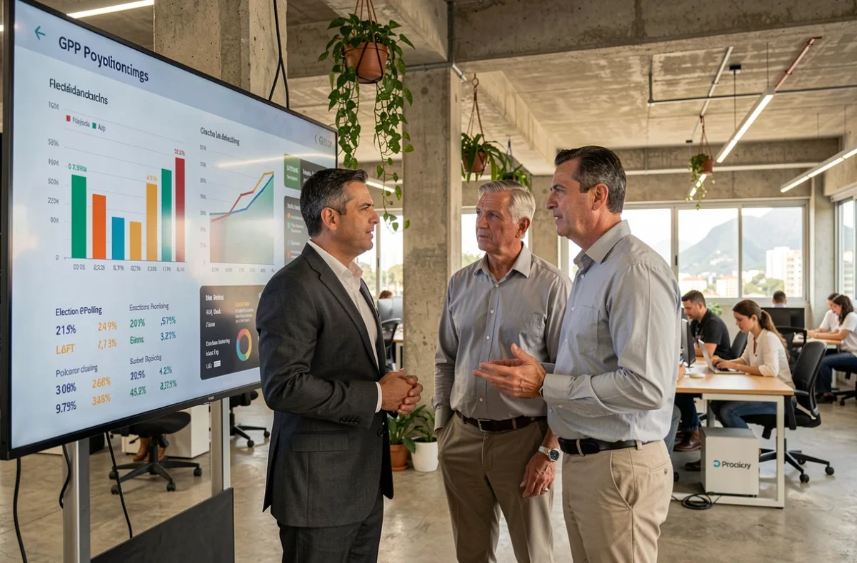 Dois executivos brasileiros discutindo dados políticos e econômicos projetados em tela digital em escritório moderno no Rio de Janeiro, análise de impacto político nos negócios 2026