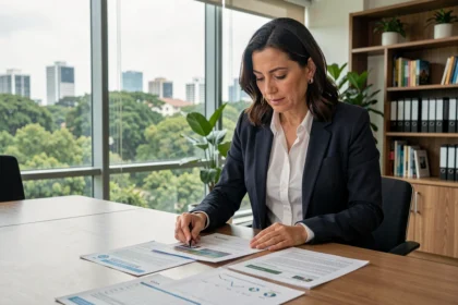 Profissional brasileira analisando documentos de conformidade ambiental empresarial em escritório corporativo moderno com vista para área verde urbana