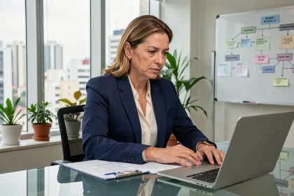 Gestora de recursos humanos analisando documentos em escritório corporativo moderno em São Paulo