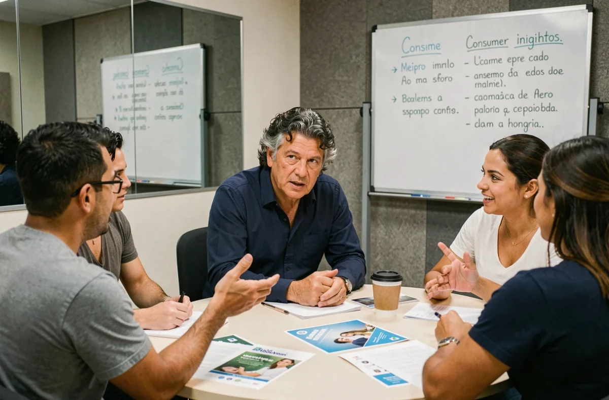 Profissional de marketing brasileiro conduzindo grupo focal com consumidores para desenvolver narrativa publicitária autêntica e empática