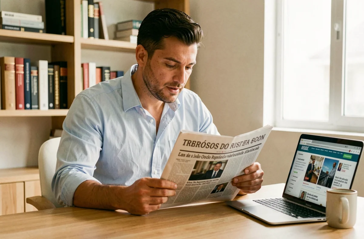 Homem brasileiro lendo jornal sobre política e economia no home office, representando o acompanhamento do cenário político brasileiro e seu impacto nos negócios em 2026