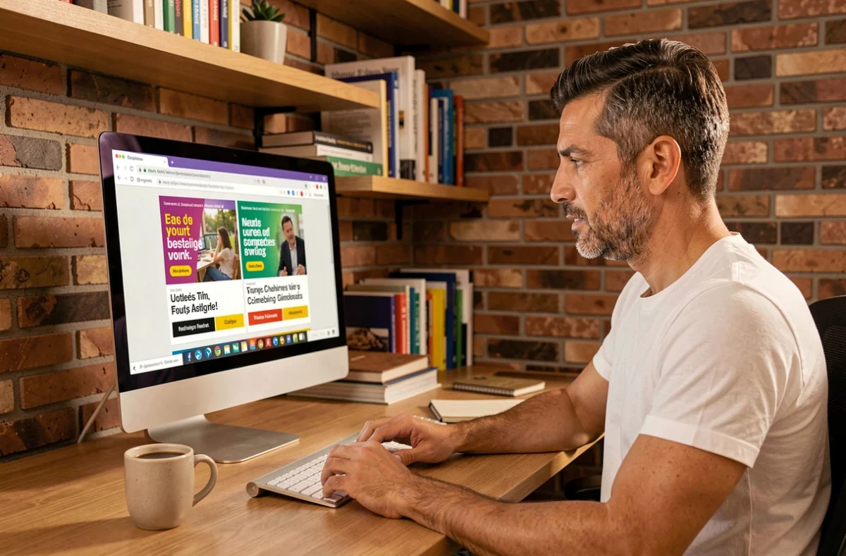 Homem lendo newsletter de e-mail marketing no computador em home office