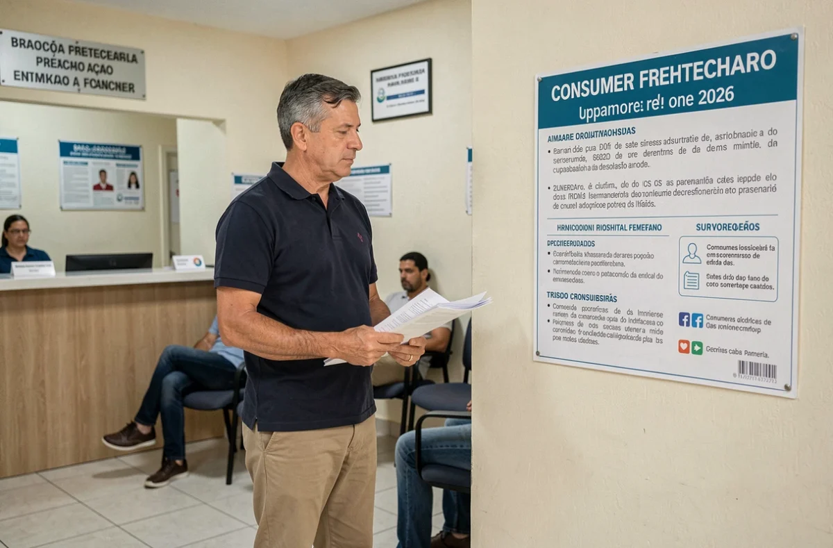 Homem em atendimento no Procon consultando informações sobre leis de defesa do consumidor em 2026