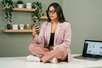 Influenciadora digital brasileira gravando conteúdo para redes sociais em home studio moderno com smartphone e produtos de marca ao fundo