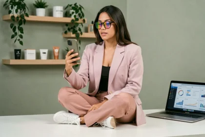 Influenciadora digital brasileira gravando conteúdo para redes sociais em home studio moderno com smartphone e produtos de marca ao fundo