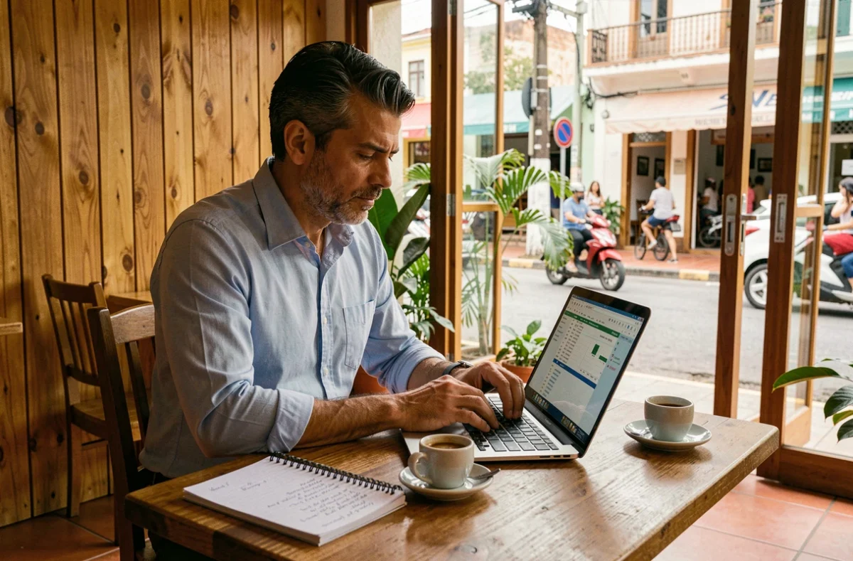 Investidor brasileiro analisando planilha de valuation de startups no laptop em café moderno de Florianópolis