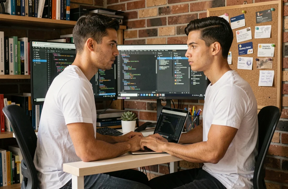 Jovem empreendedor brasileiro trabalhando remotamente para expandir startup no cenário internacional