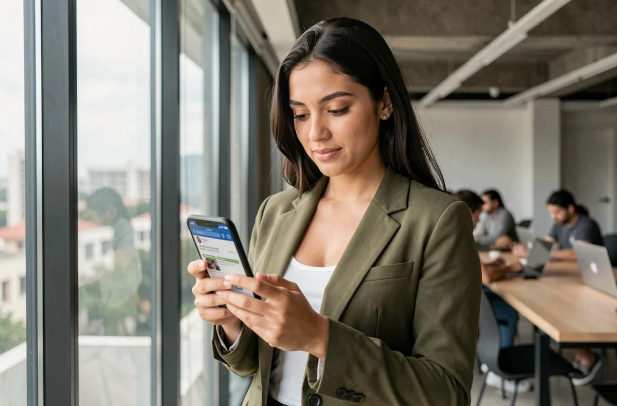 Jovem profissional lendo e-mail marketing no smartphone em espaço de coworking