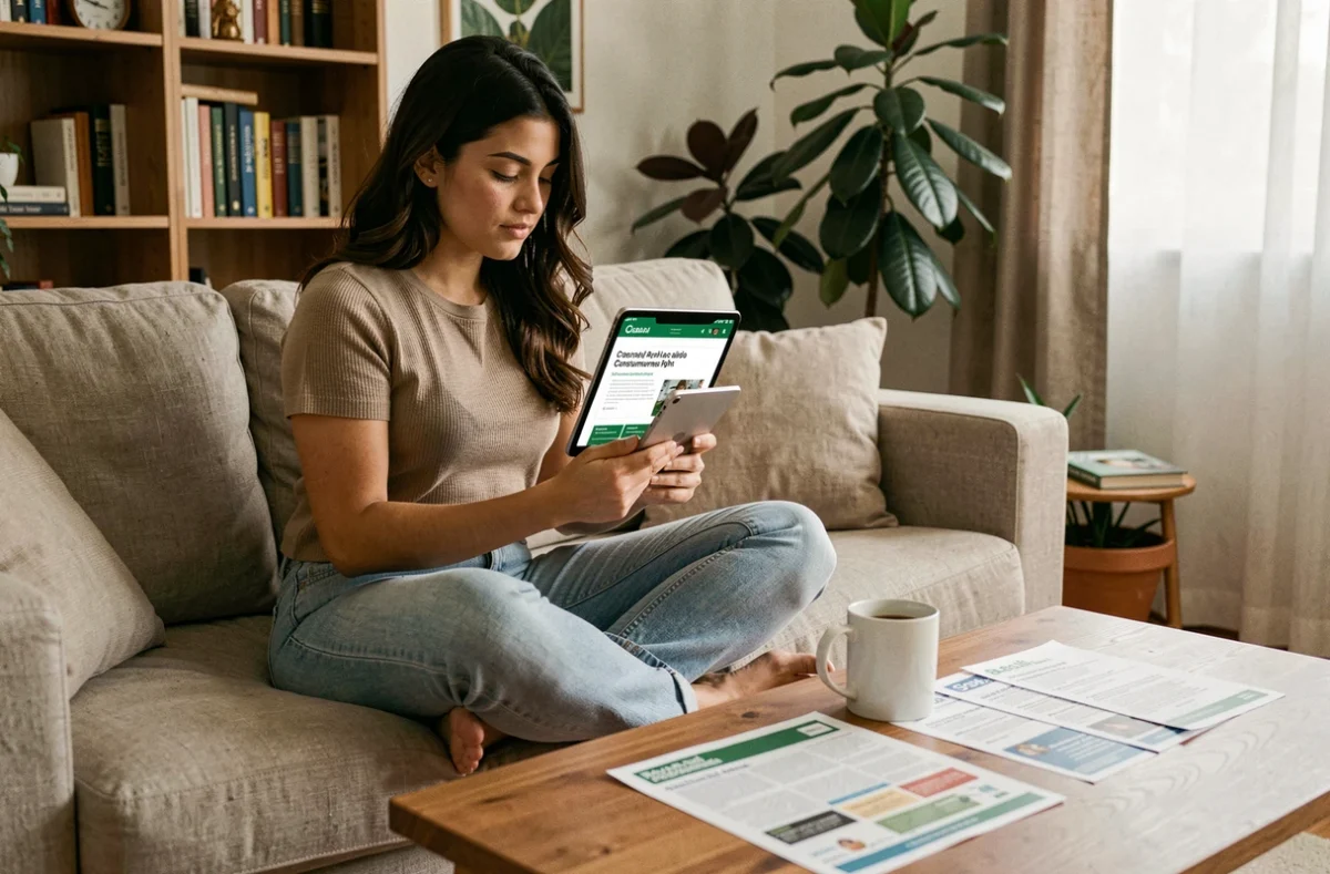 Jovem mulher em casa pesquisando direitos do consumidor no tablet com materiais informativos sobre a lei brasileira
