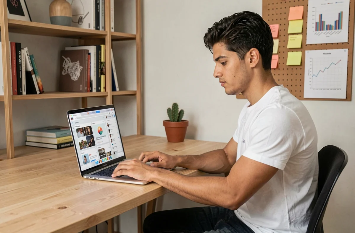 Jovem profissional brasileiro trabalhando em estratégias de marketing digital com ferramentas de inteligência artificial em home office