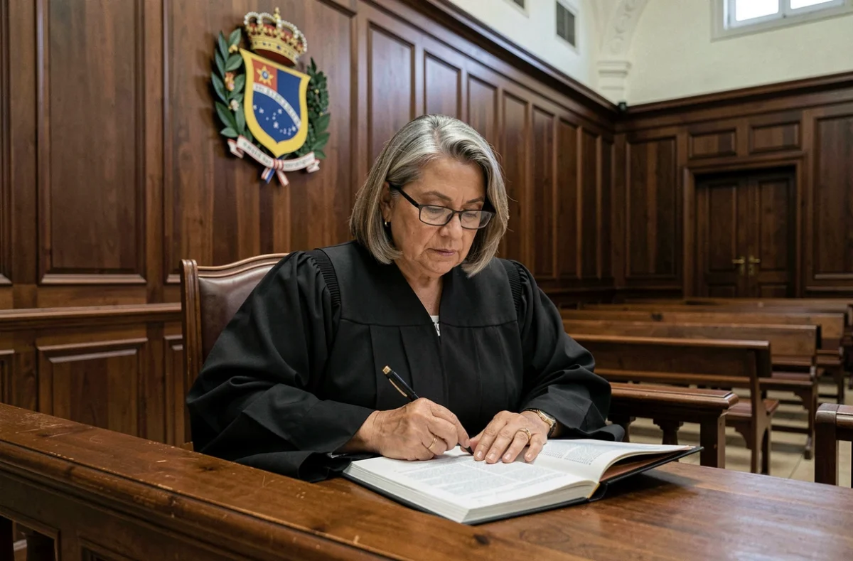 Juíza brasileira lendo documento jurídico em sala de tribunal durante interpretação de contrato empresarial