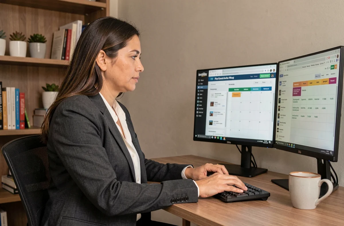 Profissional de marketing de conteúdo trabalhando em home office com calendário editorial e dashboard de SEO nas telas