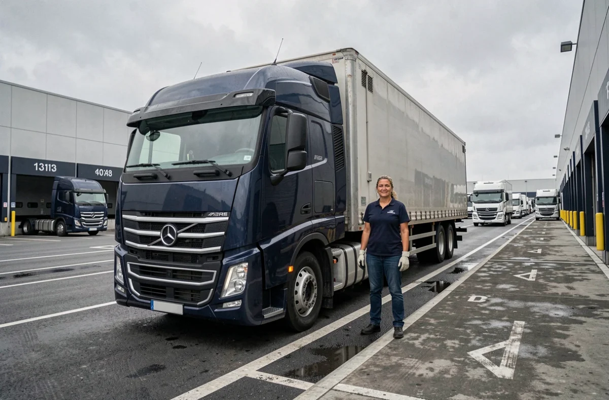 Motorista de caminhão feminina ao lado de carreta frigorífica em terminal de cargas, ilustrando transporte logístico no Brasil em 2026