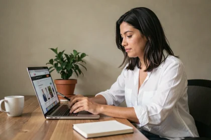 Mulher brasileira navegando em site de e-commerce no laptop em home office moderno