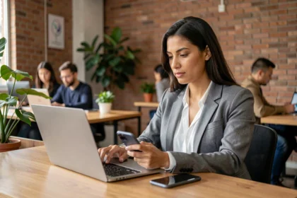Mulher brasileira jovem trabalhando em estratégias de redes sociais no laptop em espaço de coworking moderno em São Paulo