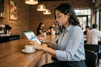 Mulher de negócios analisando dados do setor de serviços em tablet dentro de café moderno em São Paulo, representando a recuperação econômica pós-pandemia no Brasil em 2026