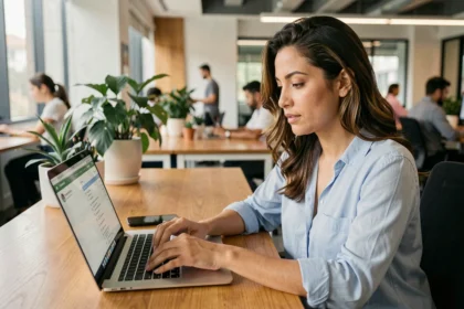 Mulher brasileira verificando e-mails de marketing no laptop em escritório moderno