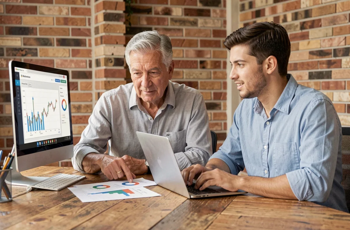 Pai e filho empreendedores analisando dados financeiros juntos em escritório doméstico com computador e gráficos impressos