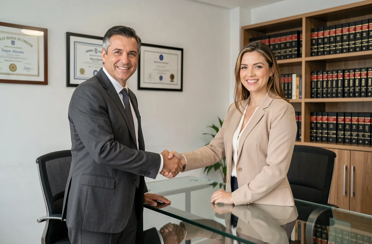 Profissionais brasileiros fechando acordo jurídico empresarial em escritório corporativo moderno, simbolizando tendências de serviços legais para empresas em 2026