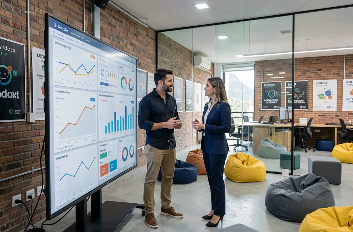 Dois profissionais brasileiros discutindo dados do ecossistema de startups e rodadas de investimento em painel digital interativo