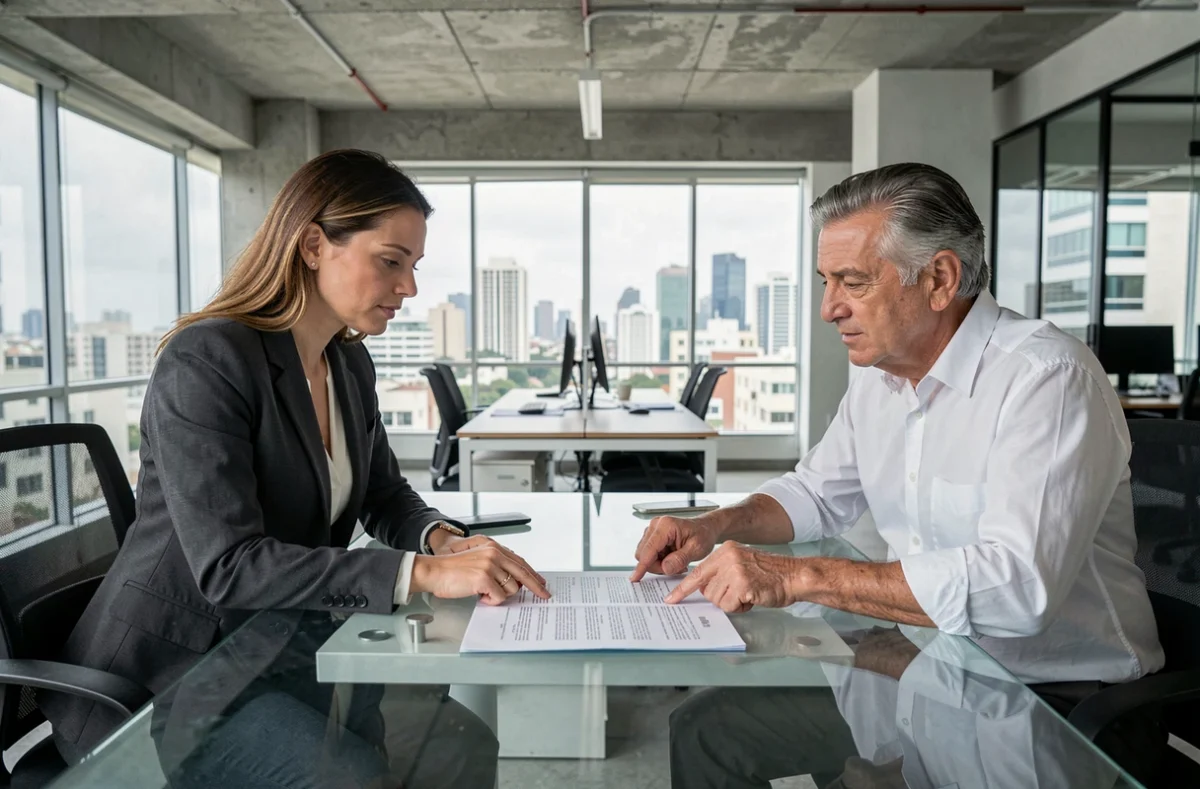 Profissionais de negócios discutindo cláusulas de contrato empresarial em escritório corporativo moderno