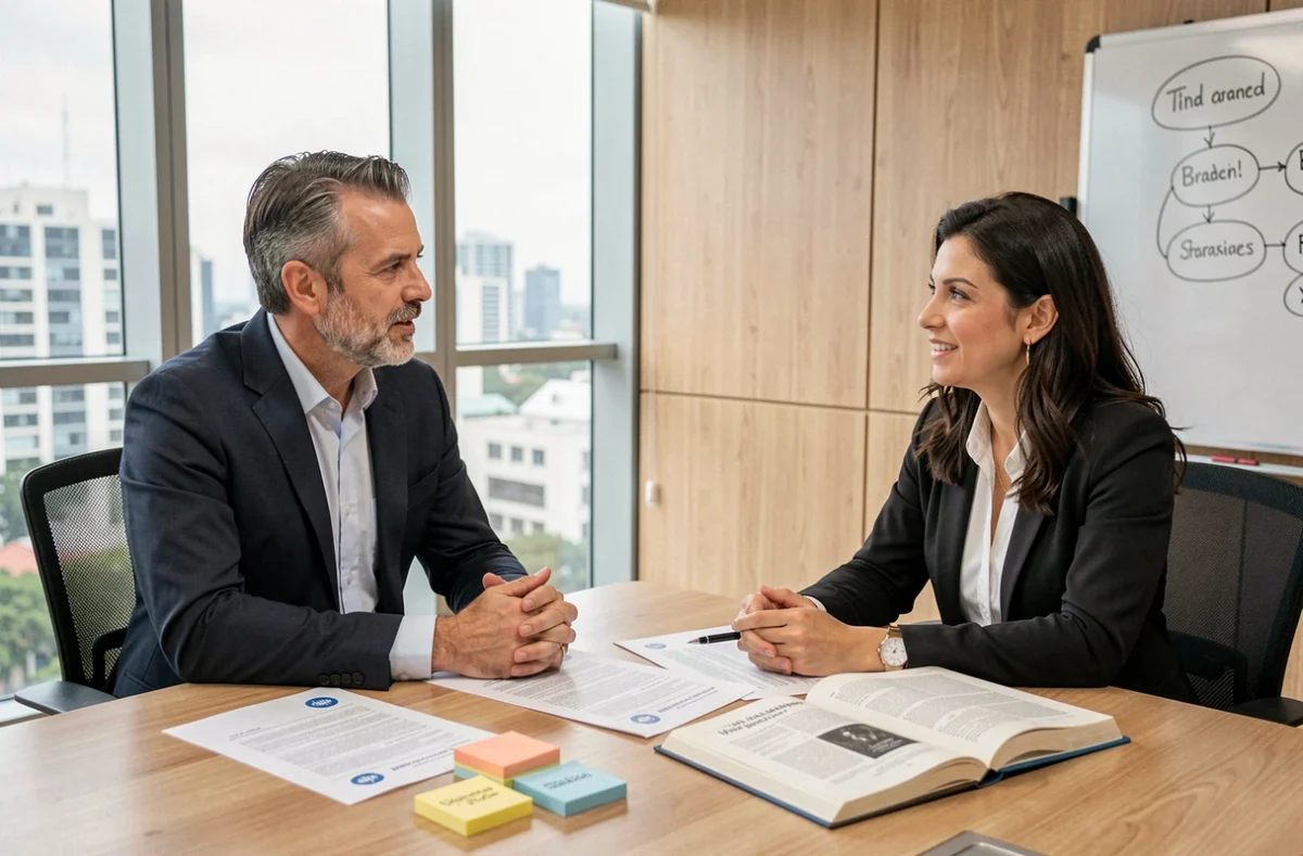 Profissionais discutindo estratégia de registro de marca junto a documentos jurídicos em sala de reunião
