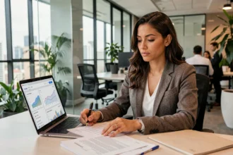 Profissional brasileira analisando documentos sobre novas leis de publicidade online em 2026 em escritório corporativo moderno