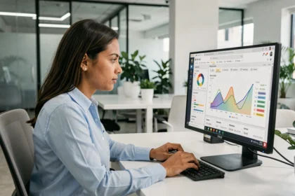 Profissional brasileira analisando dados de SEO em monitor com gráficos de palavras-chave em escritório moderno em São Paulo