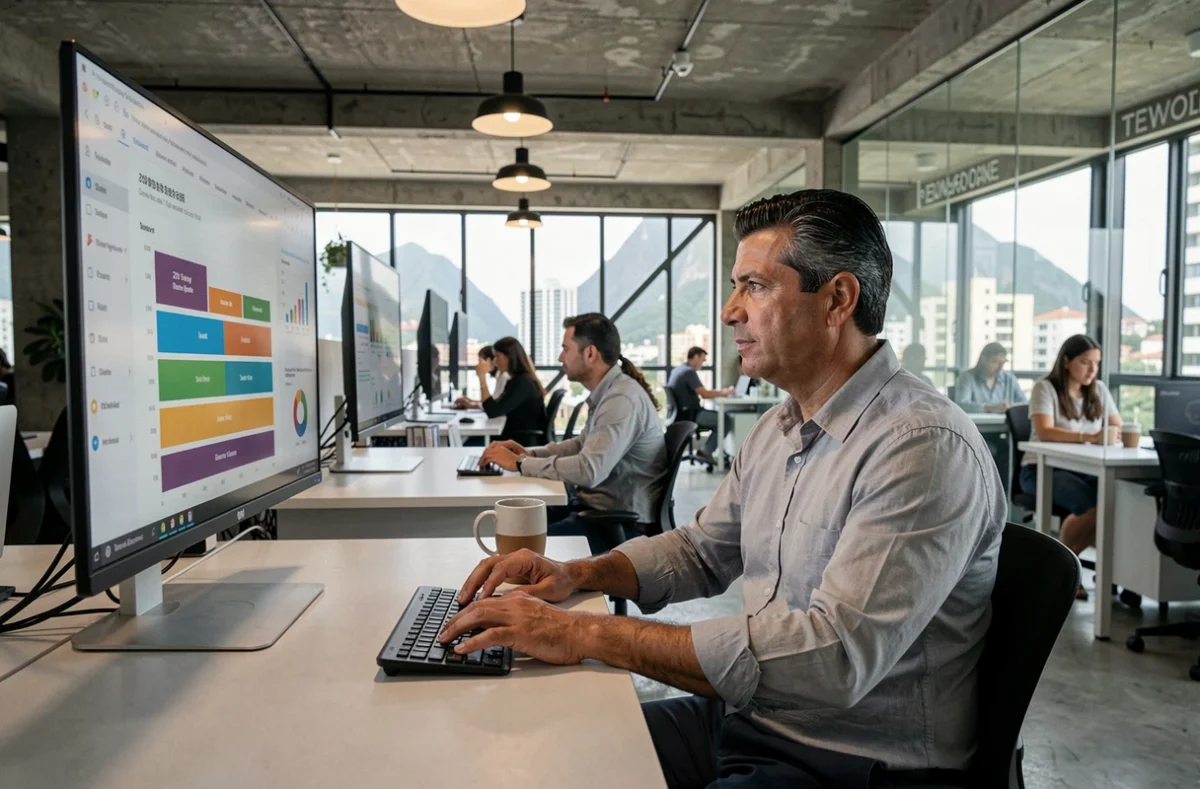 Profissional brasileiro analisando funil de vendas B2B em monitor em espaço de coworking moderno no Rio de Janeiro
