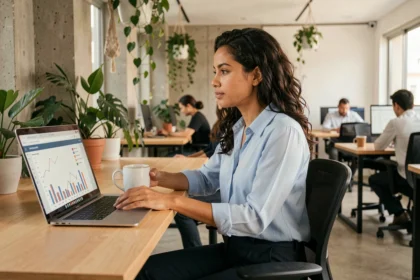 Profissional de marketing digital analisando métricas de inbound marketing em laptop em escritório moderno em São Paulo