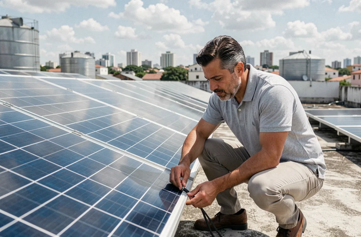 Profissional brasileiro inspecionando painéis solares no telhado de instalação industrial com skyline urbana ao fundo