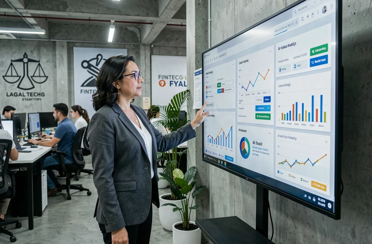 Profissional jurídica interagindo com painel de inteligência artificial em startup de tecnologia jurídica no Brasil, ilustrando o futuro da advocacia em 2026.