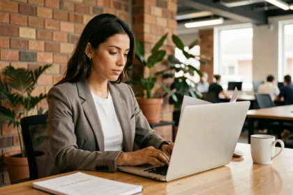 Profissional de marketing de conteúdo brasileira analisando estratégia digital em laptop em espaço de coworking moderno