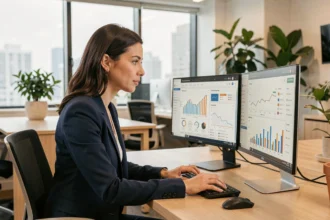 Profissional de marketing digital analisando dashboards de performance em escritório moderno com dois monitores